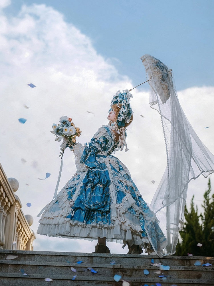 with Sleeves Sweetheart and Ruffle Layers Bell Applique Gorgeous Blue Gown Hime Lolita Beaded Lace