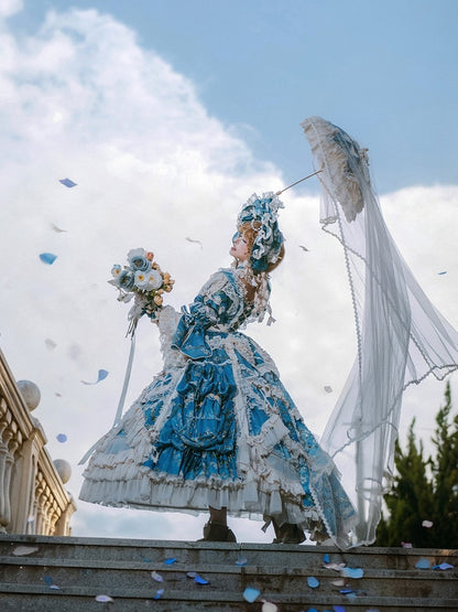 with Sleeves Sweetheart and Ruffle Layers Bell Applique Gorgeous Blue Gown Hime Lolita Beaded Lace
