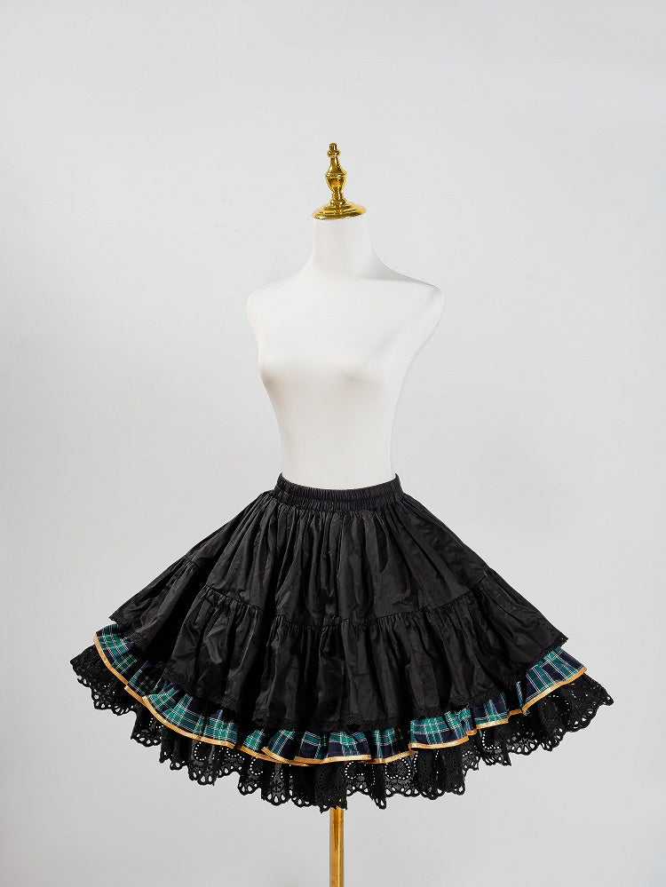 Green Idol Lolita Plaid JSK Dress with Golden Bear Embroidery and Black Scalloped Hem - LiLi Chain