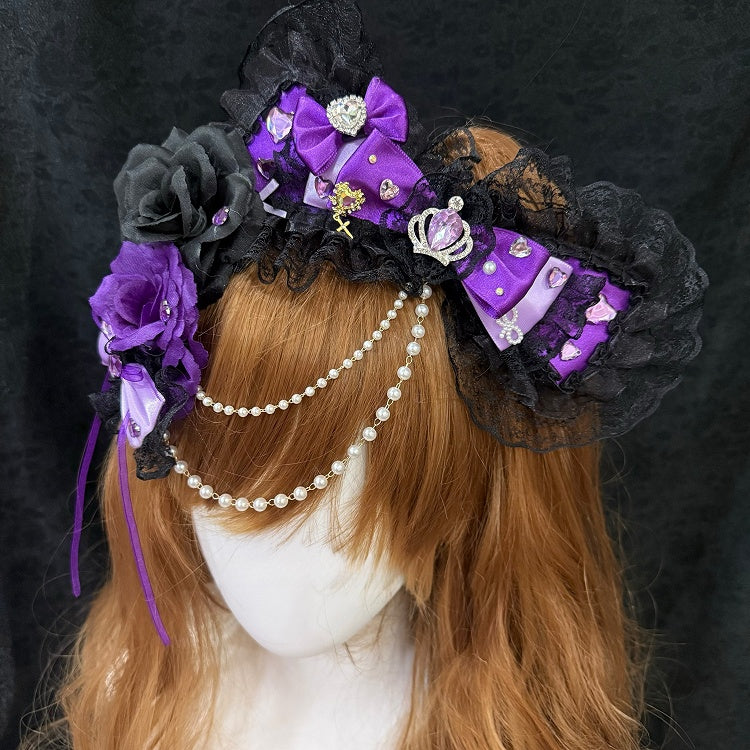 Two Lace BlackPurple And Bowknot Floral Heart Rhinestone With Bead Hairclips Decorated Dual Trim Crown Chain
