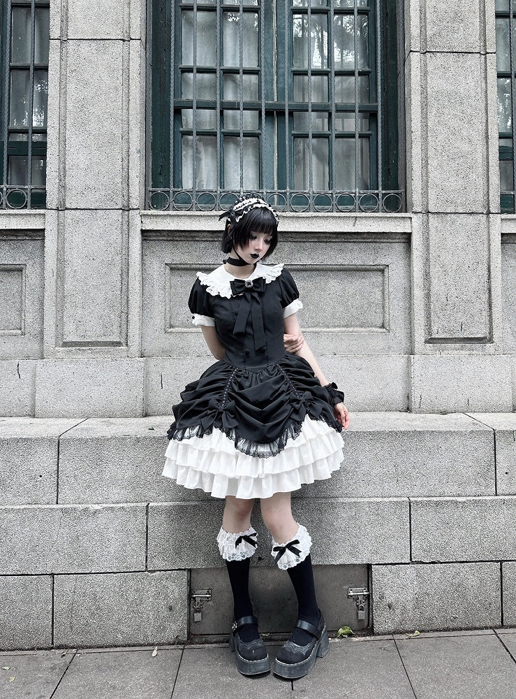 and Asymmetrical Dress Black Lolita Peter Pan White Skirt Tiered Gothic Sleeves Collar Short