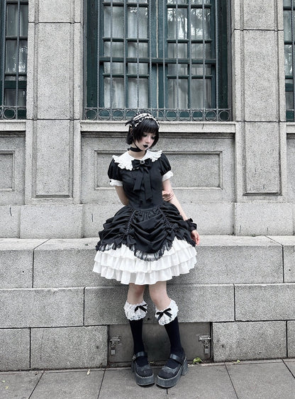 and Asymmetrical Dress Black Lolita Peter Pan White Skirt Tiered Gothic Sleeves Collar Short