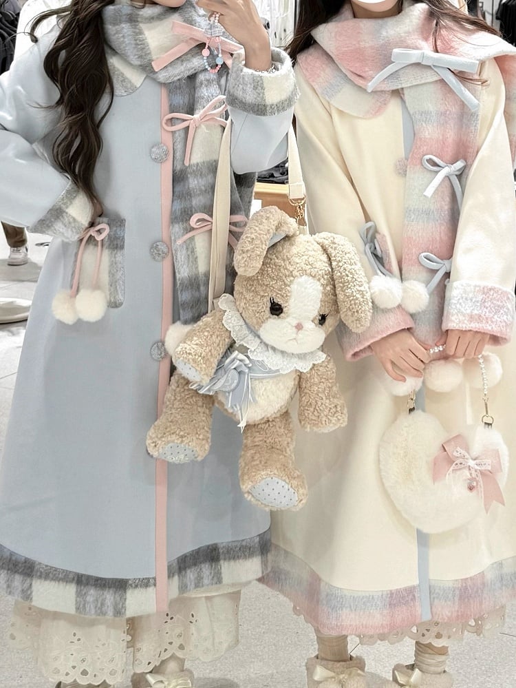 Winter Bow Sweet Blue Accents Pom-Pom Coat Set Scarf with + Lolita Plaid and