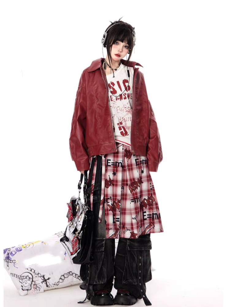 Red PU Leather Zip-up Jacket for Vintage Autumn