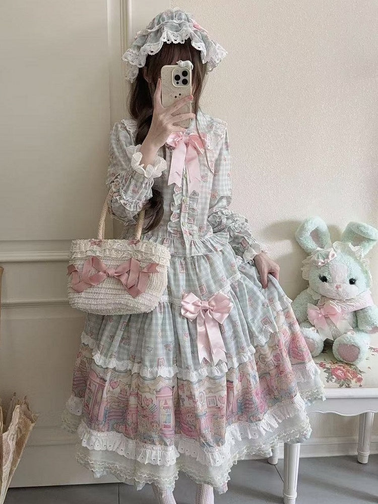 Sweet Peter Hat Lolita Plaid + Pan Print Top Bear Set Collar Skirt Pink Green
