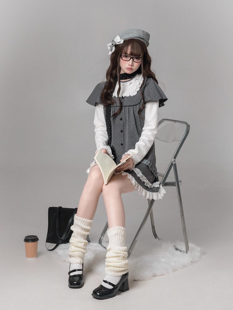 Dress Two-Piece Kei Dot Fake Sleeve Polka Jirai Ruffled Gray Long