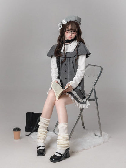 Dress Two-Piece Kei Dot Fake Sleeve Polka Jirai Ruffled Gray Long