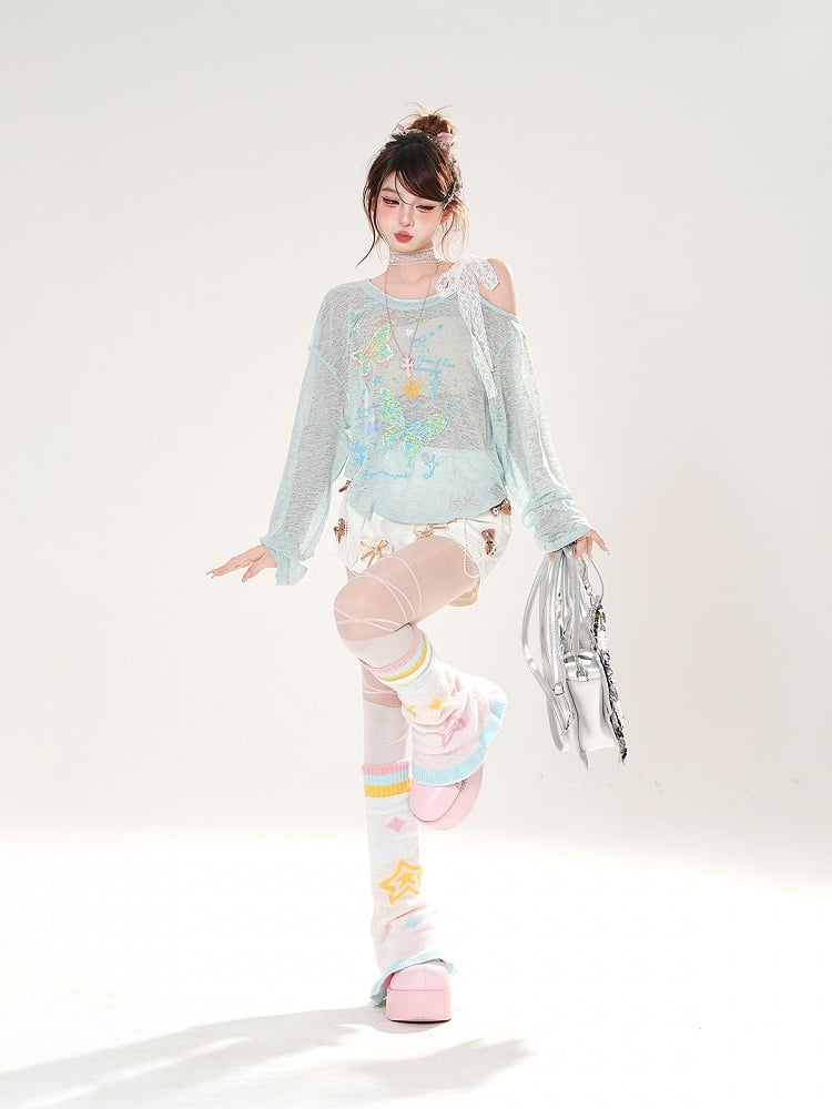 Asymmetrical Neckline Butterfly Print Apricot/Green