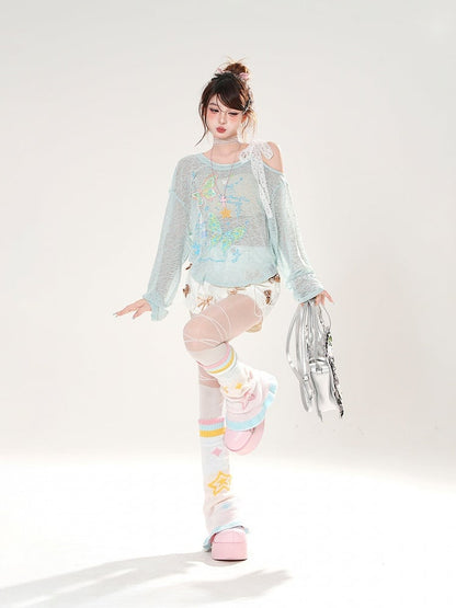 Asymmetrical Neckline Butterfly Print Apricot/Green