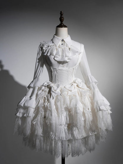 ホワイトアンダーバストドローストリングヘムシロロリータスパイダーウェブファブリックゴシックロリータドレス