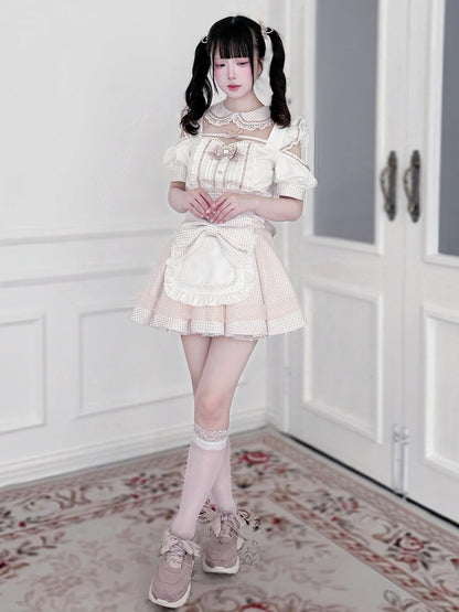 Maid Style Pink & White Landmine Cutout Shoulder Short Sleeve Top with Detachable Apron Skirt - Shi Zhai Xin