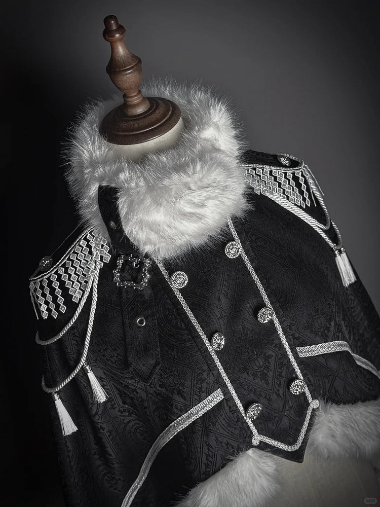 Double White Breasted with Tassel Faux Cape Black Fur-Trimmed Lolita Decoration and Military Buckle