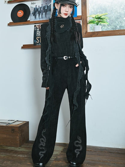 Black with Gothic Chenille Flared Pants Embroidery Snake Cheongsam
