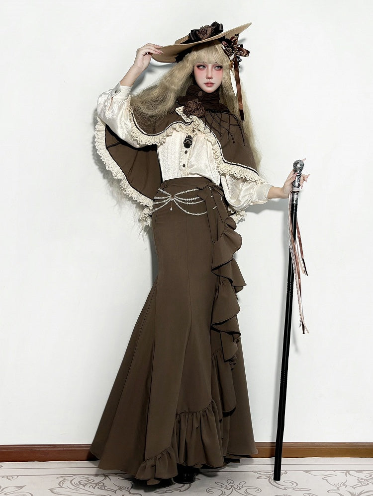 Brown Elegant Mermaid Skirt with Cascading Ruffles - MUYU