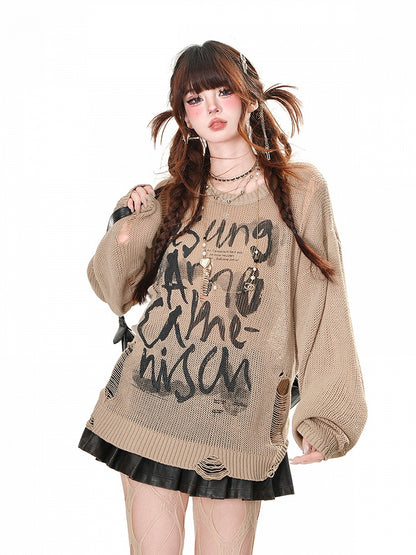 Top Distressed Weiß/Braun/Schwarz Buchstabendruck Löcher Sommer Sonnenschutz Aushöhlen