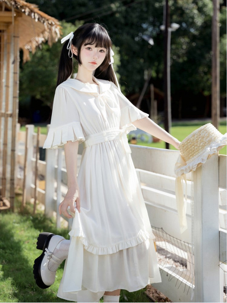 Trim White Ruffle Preppy Dress with Collar Sailor Midi