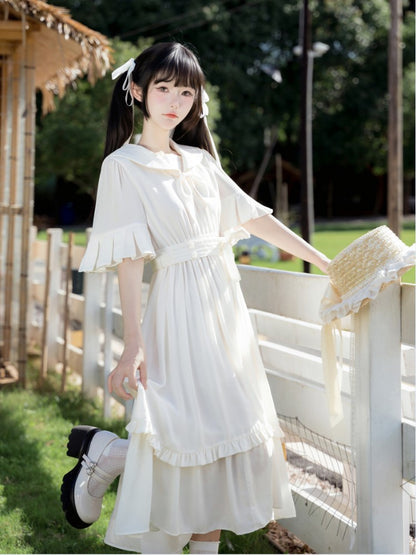 Trim White Ruffle Preppy Dress with Collar Sailor Midi