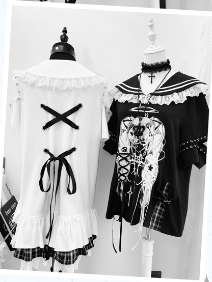 Anime Girl Print Peter Pan Collar Lace-up Details Dress Bittersweet White