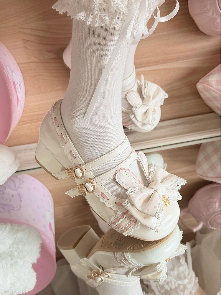 PU Bow White Heeled Lolita Bunny 4.2cm Shoes Sweet Decor in Strawberry - Buckle
