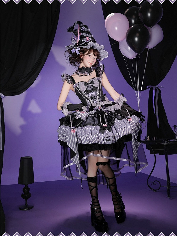 Layered Heart Ribbon Bow Accent Magic Witch Jumper Skirt Dress in Black & Purple - SheepBallad