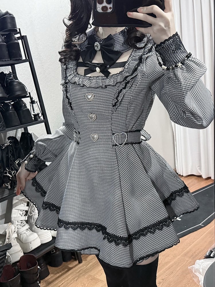 White Set with Detachable Dress Jirai Pan Kei Shorts Black Mini Peter Houndstooth Puff - Collar Matching
