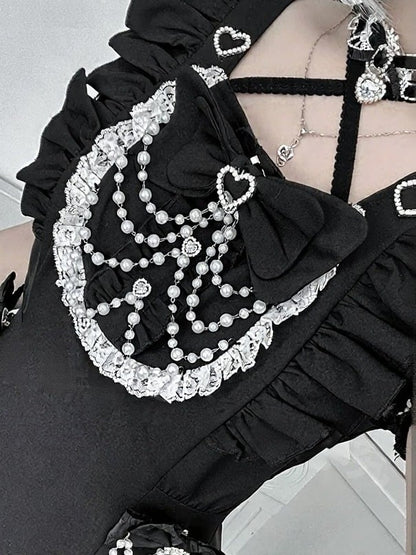 Black Bead Chain Decorated Short Sleeve Dress Set with Shorts and Bow Tie - Angel Share