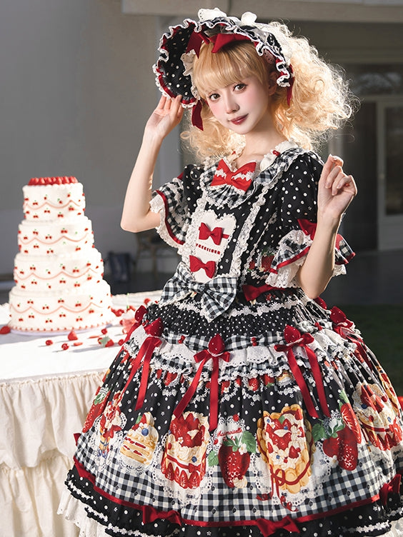Lolita Dress Sleeves Print White with Strawberry Sweet Cake Puff Ruffle Black Hem