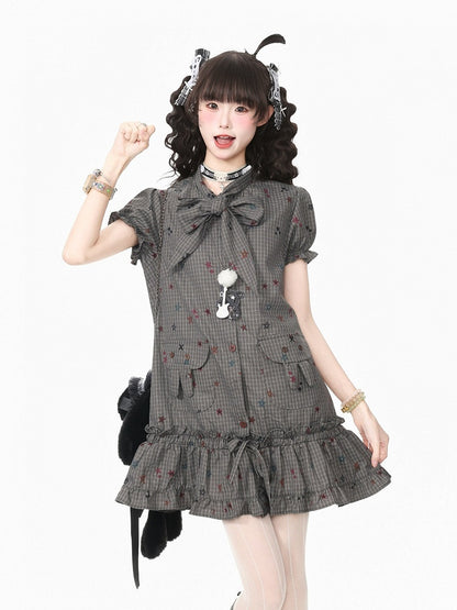 Gray Star Print Plaid Puff Sleeve Dress with Bow & Bunny Ear Pockets - Languid Park