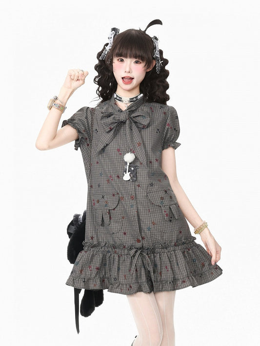 Gray Star Print Plaid Puff Sleeve Dress with Bow & Bunny Ear Pockets - Languid Park