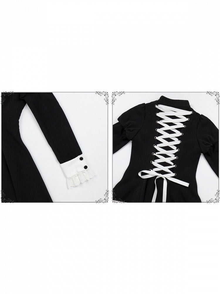 Gothic Lace-Up Lolita OP Gown with Metal Buckle, Short Version and Mini Hat Set - With PUJI