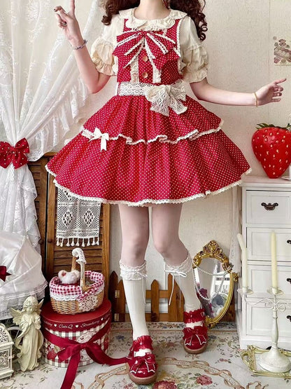 Overall mit altem Muster, Lolita-Schulkleid mit Punkten, rot