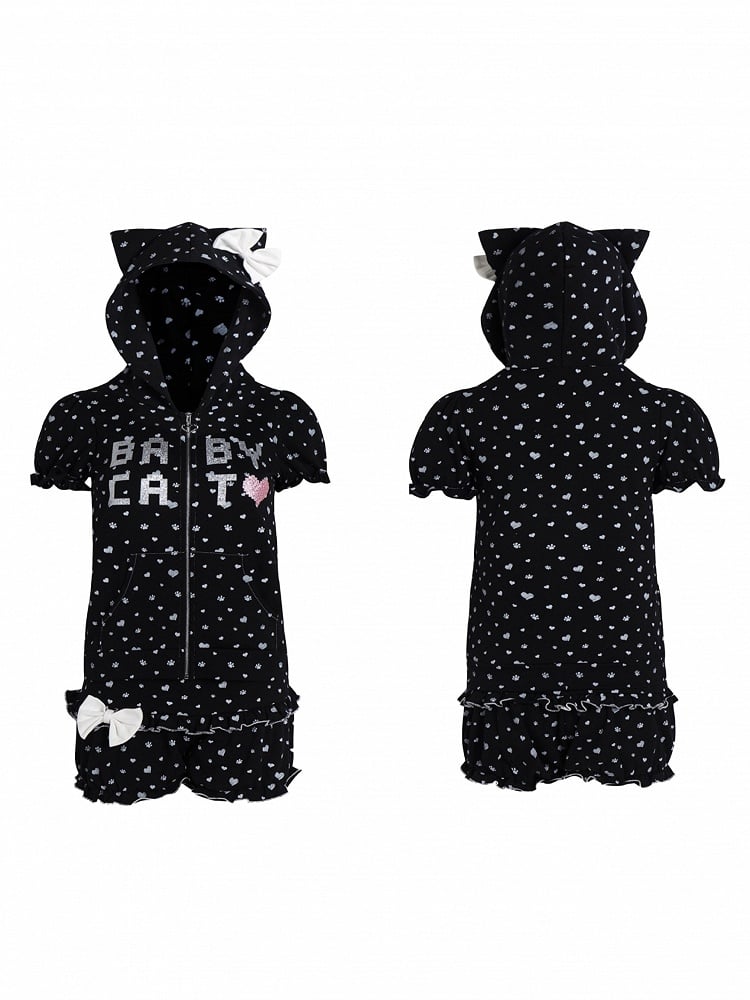 Bow Patterns Black with Large Heart Detachable Hoodie Cat-Ear Paw