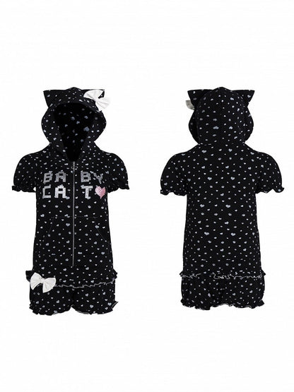 Bow Patterns Black with Large Heart Detachable Hoodie Cat-Ear Paw
