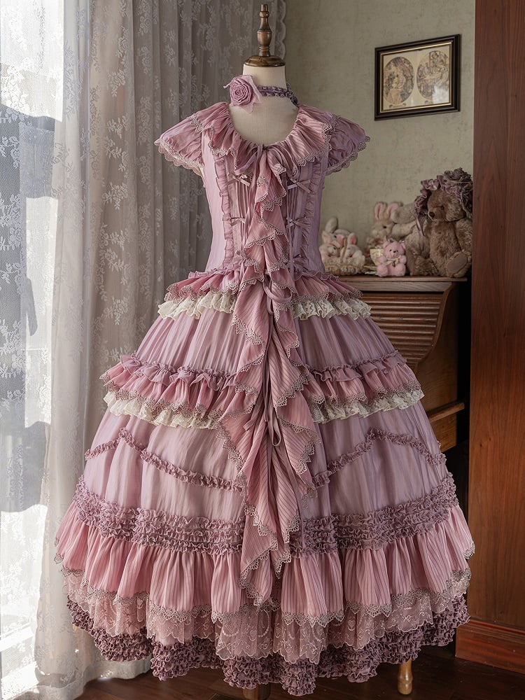 House Ruffle Dress Front Self-tie Straps Purple Cascading Placket Style Pink Lolita