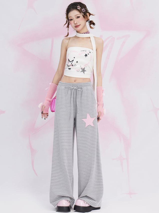 Black/White Stars Print Strapless Top with Free Scarf