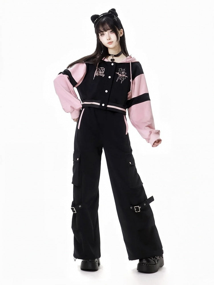 Schwarze und rosa Baseballjacke mit Kapuze, kurze/lange Version