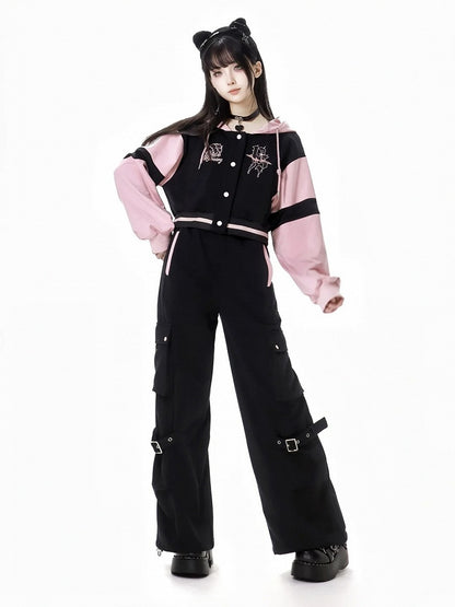 Schwarze und rosa Baseballjacke mit Kapuze, kurze/lange Version