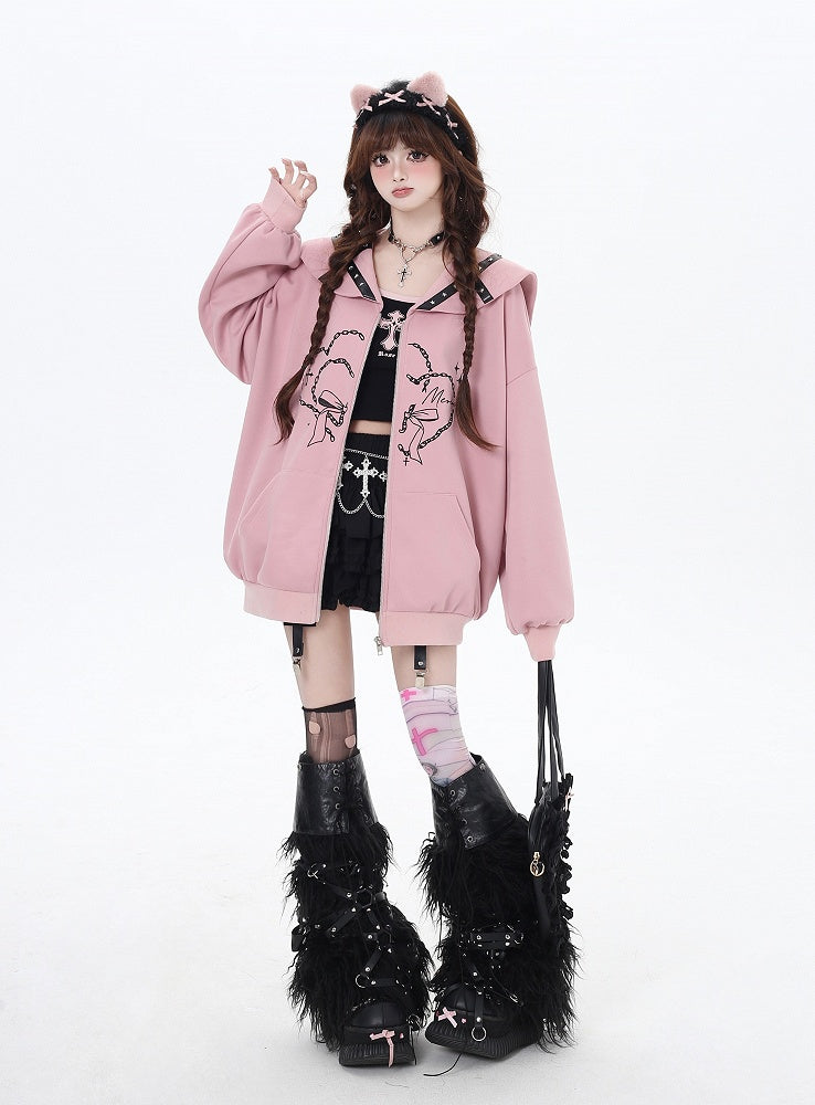 Pink/Gray Sailor Collar Zipper Closure Printed Jacket