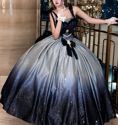 きらめく星空の夜空グラデーションブルーのゴージャスなバースデードレス、プロムドレス