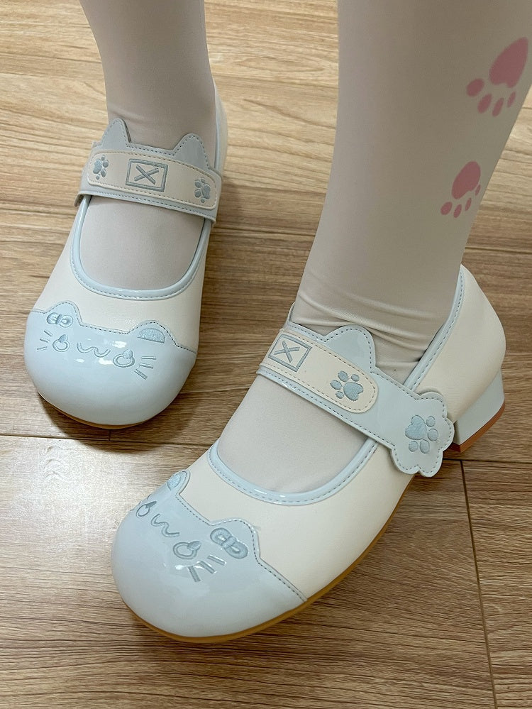 Velcro PU Ear Strap Sweet Closures in Low-heel Janes Accent Paw Kitty Details Blue Lolita Mary