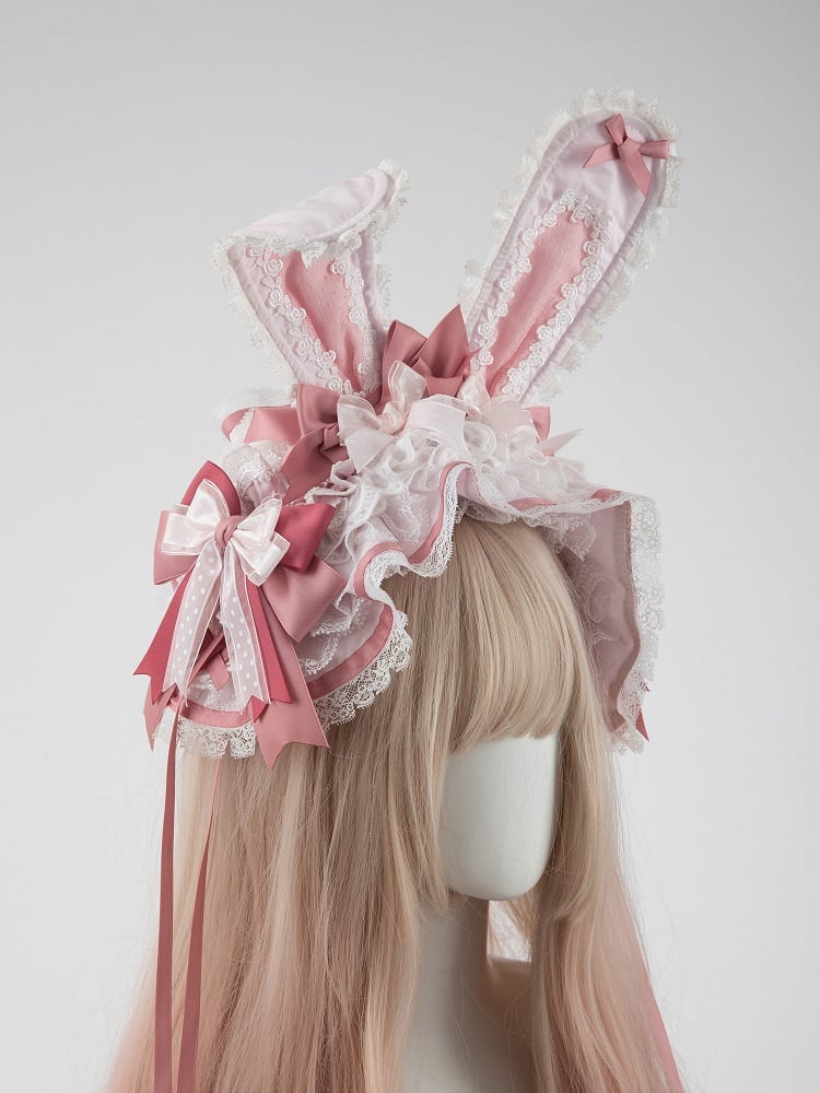 Bows Ruffled Bunny Lace Pastel Removable Ears with Wide Pink Hairband