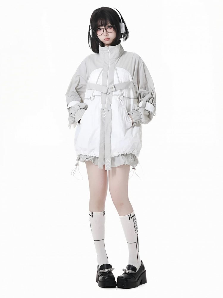 und weiße Techwear-Sonnenschutzjacke mit grauem Saum und Colorblock-Kordelzug