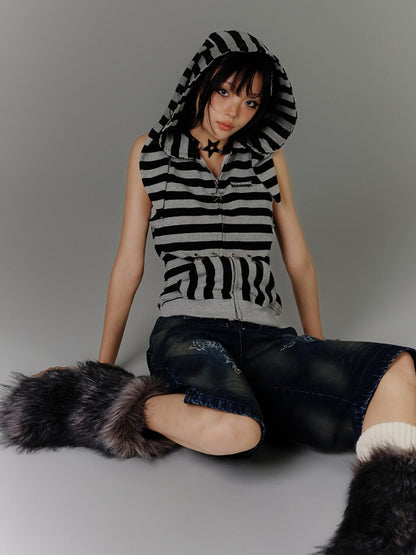 Vintage Bunny Ear Design Black  Grey Stripes Hood Y2K Tank Top