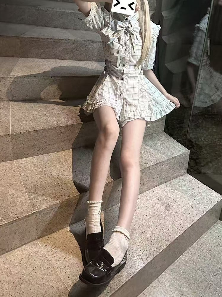 Strap Dress with Kei White Panels Lace Plaid Jirai and Buckle Waist Set: Shorts Illusion