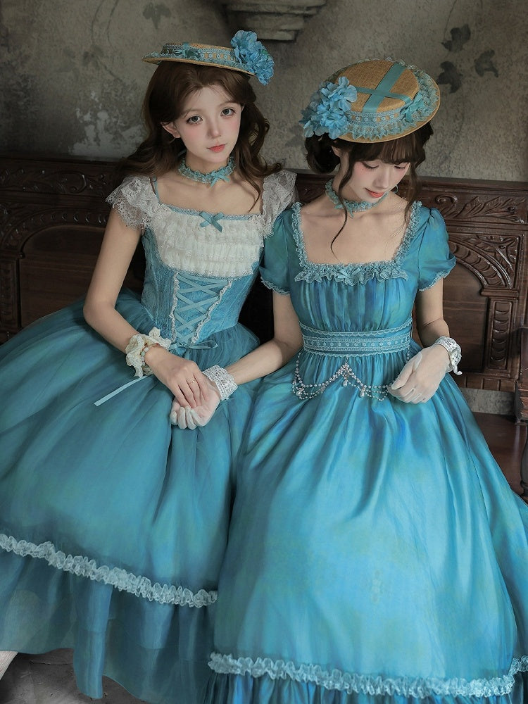 Ruffle Teal Lolita Dress with Chain, Choker & Hat Set - Classic - With PUJI