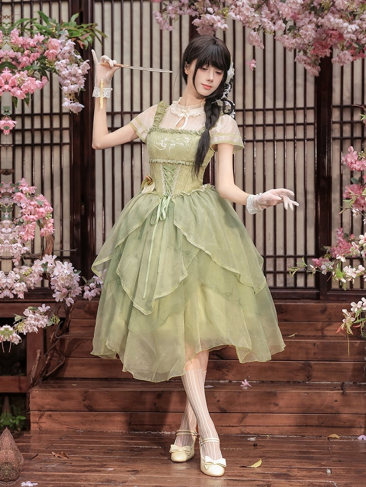 Green Orchid Chinoiserie Lolita OP Dress & Hairclips Set - With PUJI