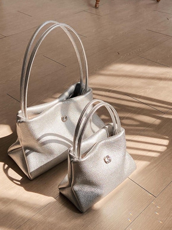 Silver Handbag With Button Closure Chic Small-Sized