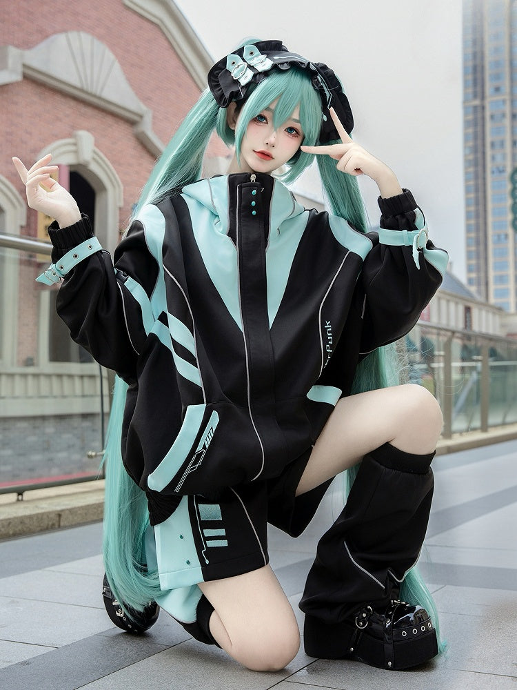 Black and Green Cyberpunk Jirai Kei Outfit - Hooded Jacket Shorts Leg Warmers Headpiece Full Set