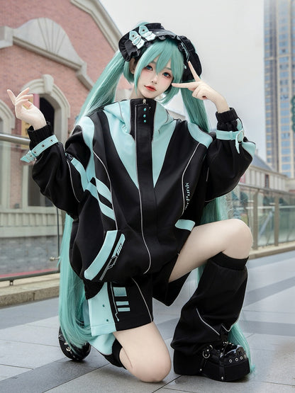 Black and Green Cyberpunk Jirai Kei Outfit - Hooded Jacket Shorts Leg Warmers Headpiece Full Set