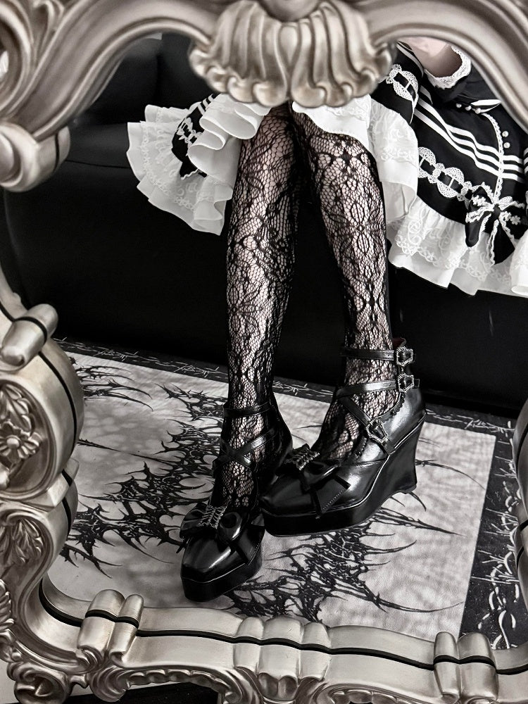 Elegant Gothic Lolita Black Shoes with Butterfly Bow & 10cm Slope Heel - sphenoid